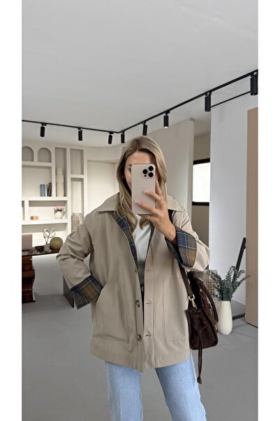 Sezgi Tekin Ekose Astarlı Şal Detay Taş Oversize Trenç