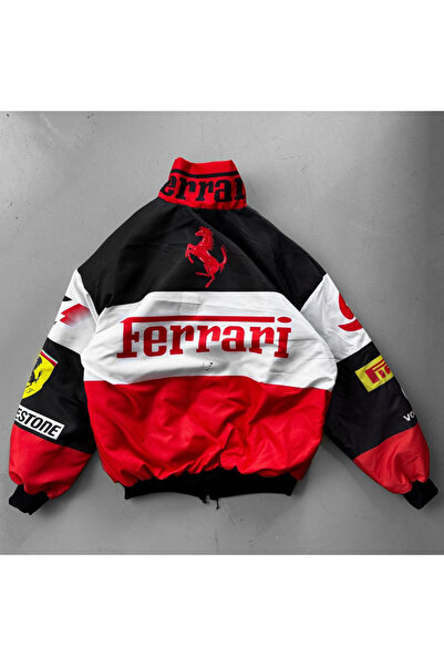 BİQ & TAQ BUTİK Μαύρο κόκκινο μπουφάν με σχέδιο Ferrari Racing Unisex Oversize Bomber
