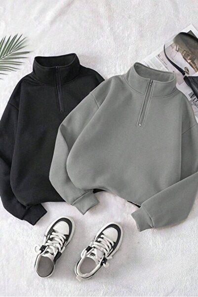 ROYAL FASHİON طقم سويت شيرت نسائي مكون من قطعتين بنصف سحاب باللون الأسود المدخن