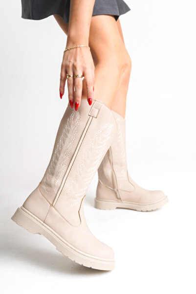 Bak Store Dar Kalip Beige Leather Matte Embroidered Zippered Western Cowboy Women's Boots with Stitched Soles