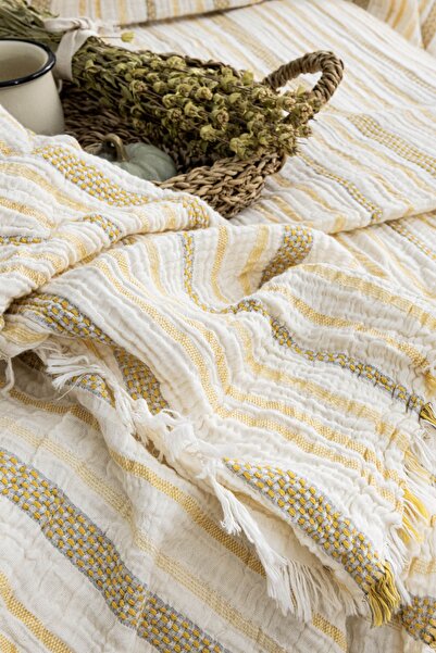 MEET MAYA NATURAL Corded Fabric Colorful Striped 3-Layer Muslin 100% Cotton Muslin Bedspread Soft, Lightweight and Stylish 230X240