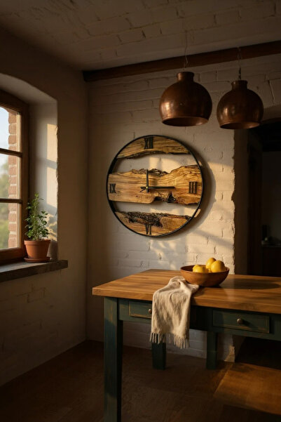 ESİ WOOD ART 122 Cm - El Yapımı Zeytin Ağacı Duvar Saati – Rustik Metal Çerçe...