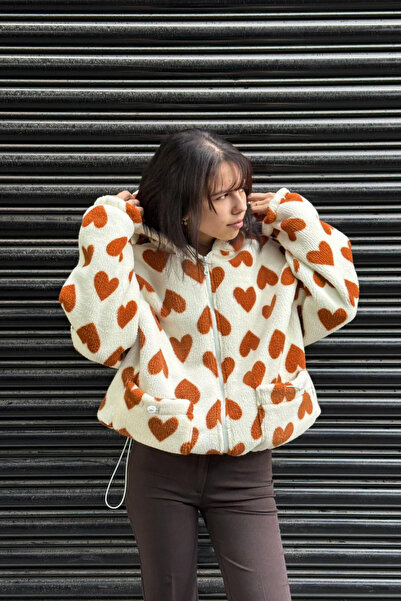 thesunfyre Women's Heart Patterned Hooded Oversized Plush Coat