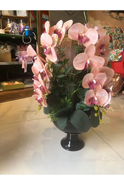 cys ÖZEL SAKSIDA ÇİFT DALLI SOMON RENKLİ ORKİDE ÇİÇEK DEKORATİF ARANJMANLI