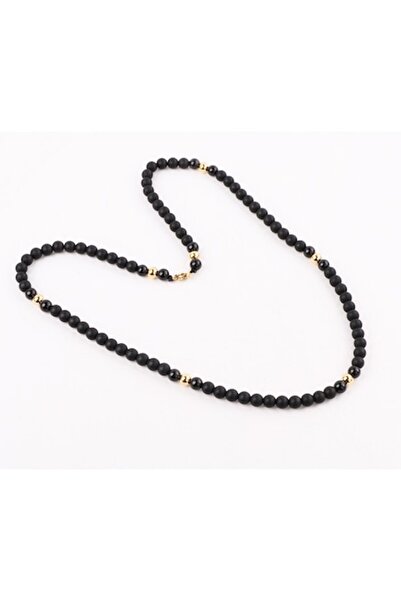 Tessero Colier - Mărgele de onix mat cu oțel inoxidabil placat cu aur, 56 cm, negru