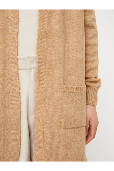 LC Waikiki LCWAIKIKI Classic Kahverengi Şal Yaka Düz Uzun Kollu Kadın Triko Hırka