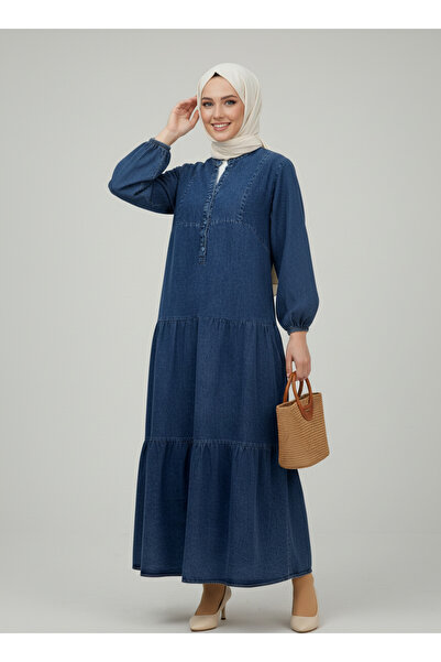 BENAHOLL فستان جينز مطوي بأزرار من إيرا - PE522 بلون الدنيم