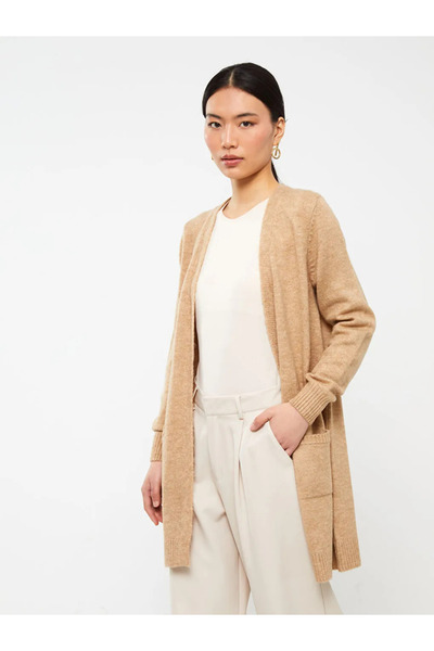 LC Waikiki LCWAIKIKI Classic Kahverengi Şal Yaka Düz Uzun Kollu Kadın Triko Hırka