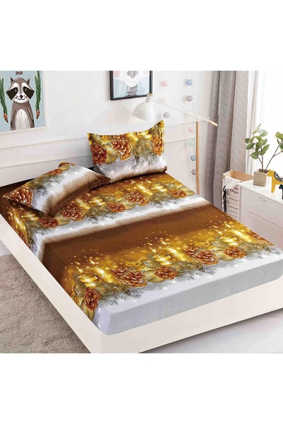 OEM Set husa de pat, Editia de Craciun, 3 piese, 180x200cm, Lumanari Aurii