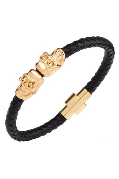 OEM Brățară din piele împletită, craniu dublu, încuietoare magnetică, aurie