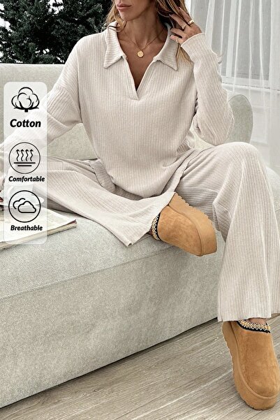New Now Set of 2 - Sharded Interlock Polo Neck Blouse with Pants Set