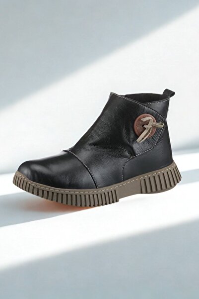 İNZE AYAKKABI Genuine Leather, Buckle Detailed, Zippered Black Boots