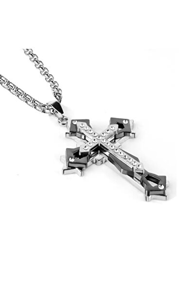 Tessero Colier cu pandantiv cruce, pietre de zirconiu, placat cu aur de 18K, Tessero, negru și argintiu