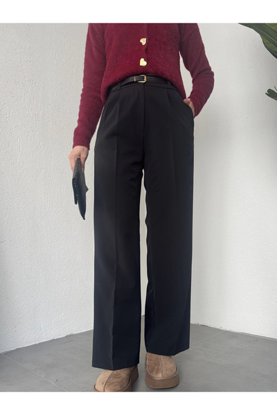 asfamoda Pantaloni Palazzo negri plisați pentru femei, cu talie înaltă, cu pi...