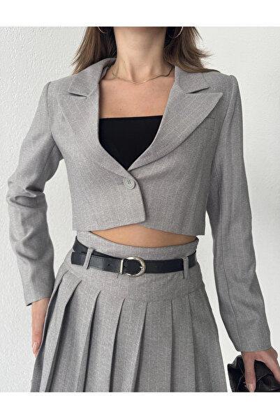 asfamoda سترة نسائية قصيرة مبطنة بزر واحد وخطوط رمادية