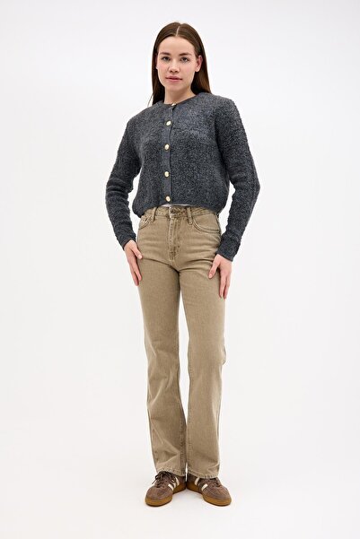 NİLİST Front Gold Button Detailed Towel Fabric Dark Gray Smoked Knitwear