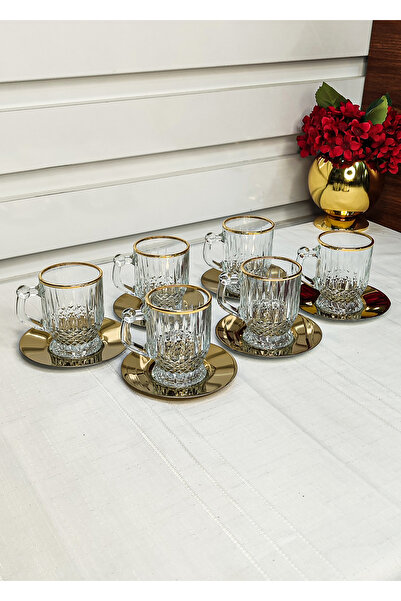 SEÇKİNEV 12 Pieces Timeless Gold Metal Plate Coffee & Tea Cup Set Real Gold Gilded