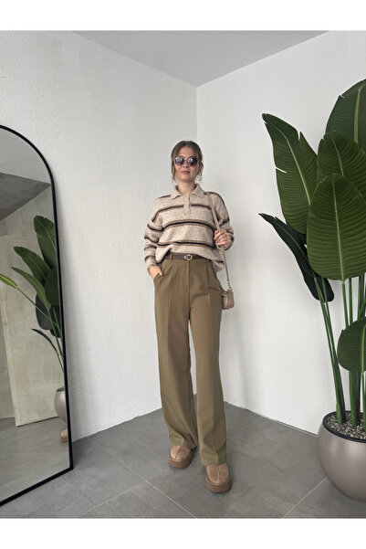 asfamoda Kadın Haki Pileli Tam Kalıp Bel Oturtmalı Geniş Paça Palazzo Pantolon