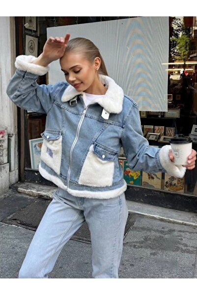 EDVESS Kışlık İçi Kürklü Jean Ceket Mavi Sherpa Denim Ceket Mont