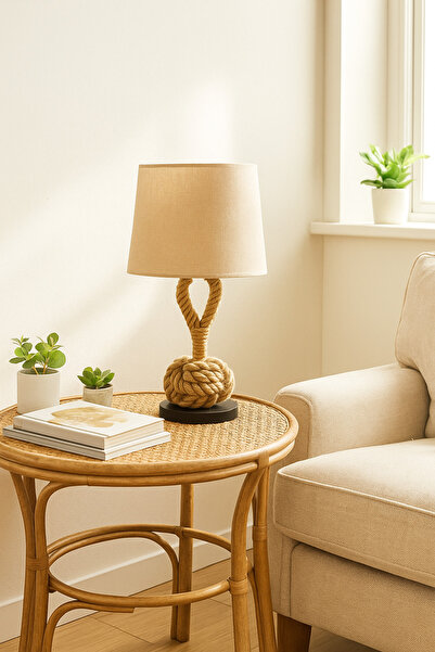 MARIA HOMES Rustic Rope Table Lamp – Beige Fabric Shade with Nautical Knot Design