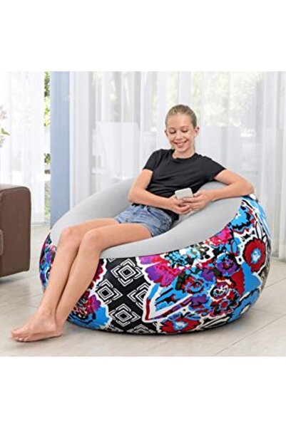 Silver Star Inflatable Velvety Puff Armchair Grey Colorful Floral 112 x 112 x 66 cm