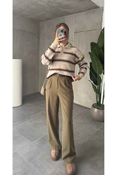asfamoda Kadın Haki Pileli Tam Kalıp Bel Oturtmalı Geniş Paça Palazzo Pantolon