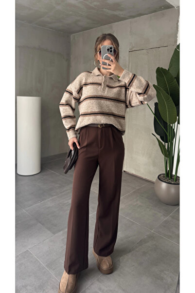 asfamoda Kadın Kahverengi Pileli Tam Kalıp Bel Oturtmalı Geniş Paça Palazzo Pantolon