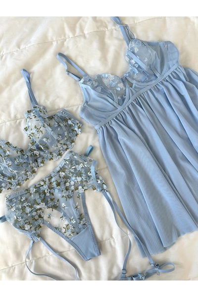 Feruzdesign Satenya Balenli Mavi 5'li İç Giyim Seti