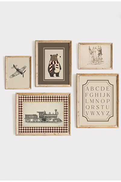 Kids Vintage Erkek Çocuk Odası Duvar Dekoru Poster Seti – Ayı, Tren, Uçak ve Alfabe Temalı