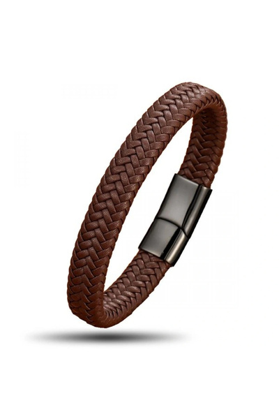 Generic Brand Brown Leather Braided Steel Bracelet