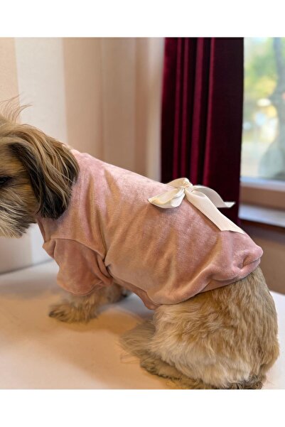 For a Fur Pembe Bebe Kadife Fiyonk Detaylı Köpek Kazağı Extra Yumuşak
