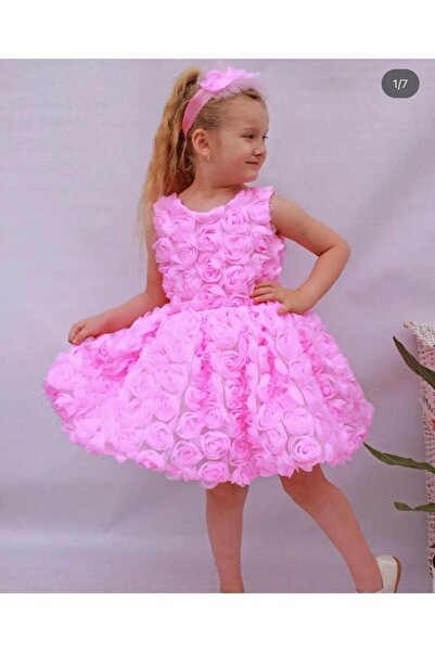 Star Kids فستان بناتي وردي مزين بالورود، فستان سهرة للبنات
