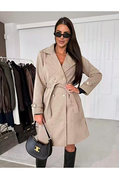 MAXORA SHOP Elegant women's coat made of striped fabric with a drawstring at the waist