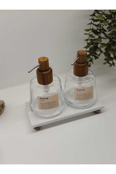 BUCOLIC 2'li Mermer Standlı Home Akasya Kapaklı Cam Sabunluk