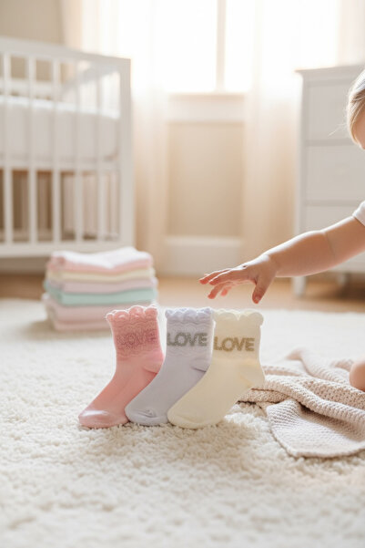 3 Çift Kız Çocuk Çorabı Love Desenli Tül Detaylı Pullu Tasarım 3 Adet Çorap