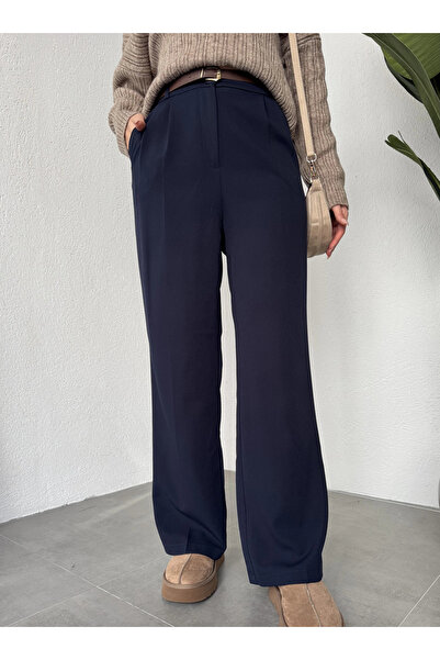 asfamoda Women's Navy Blue Pleated Full-Fit Waist-Fitted Wide-Leg Palazzo Pants
