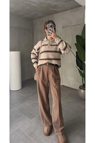 asfamoda Women's Light Brown Pleated Full-Fit Waist Wide-Leg Palazzo Pants