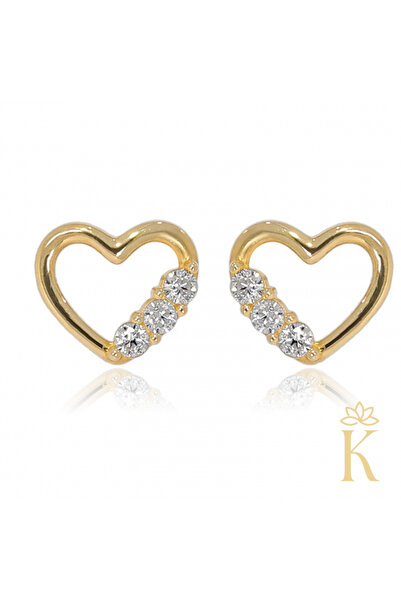 KALINI Cercei protectori, aur galben de 9K, contur de inimă de 7 mm cu 3 pietre de zirconiu cubic