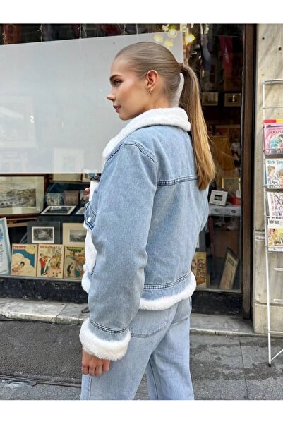 EDVESS Kışlık İçi Kürklü Jean Ceket Mavi Sherpa Denim Ceket Mont