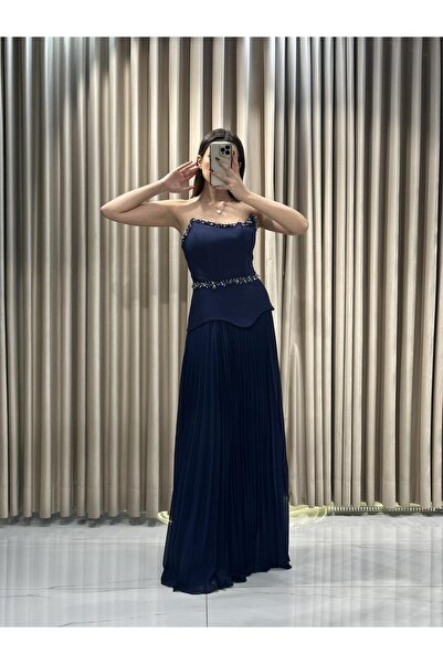 Kaleiçi Yıldızlar Lacivert Straplez Taş İşlemeli Abiye Elbise |