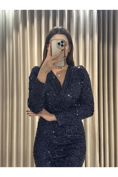 Kaleiçi Yıldızlar Lacivert Payet Uzun kollu Abiye Elbise 5393