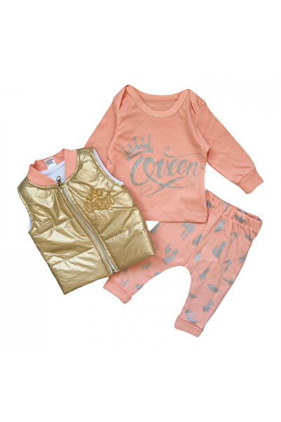 Miniworld Girls' cotton set with Queen padded vest, 3 pieces, age 9-12 months, 80 cm, Pink