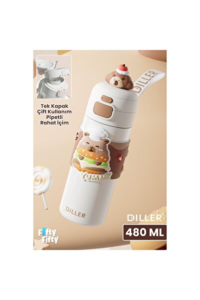 Vagonlife Diller 480 ml Single Lid Dual Use Vacuum Cup With/Without Straw with Carrying Handle/Steel Thermos -Ffd9