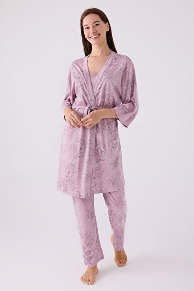 Pierre Cardin Kadın Sabahlıklı Uzun Kol İp Askılı Dantelli 3'lü Pijama Takım