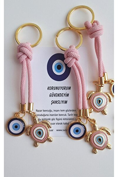 Svc Aksesuar Gift Candy Pink Turtle Detailed Evil Eye Beaded Keychain