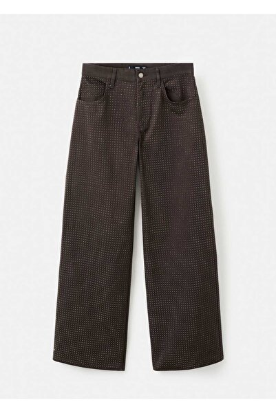 MANGO Woman Strass taşlı wide leg jean pantolon