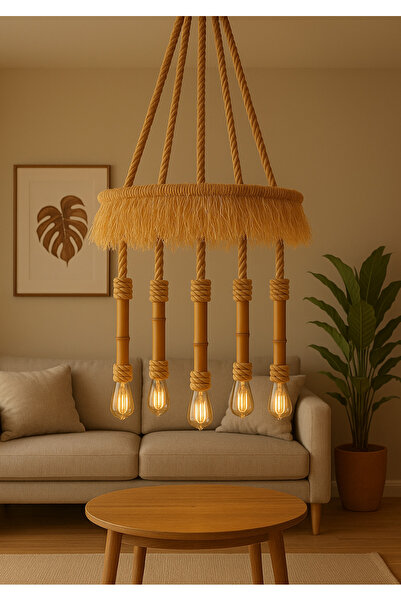 Ağış Elektrik AĞIŞ Concept Taş Ev Serisi El Yapımı Doğal Rafya & Bambu Halatlı 5’li Rustik Avize Tasarım