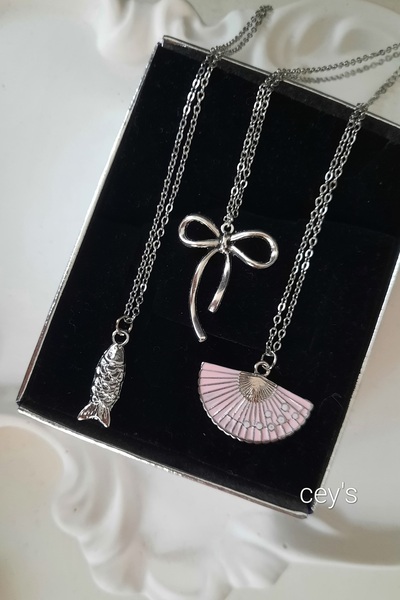 Cey's fashion ÇELİK Vintage Kolye SETİ PİNTEREST Kolye Balık Kolye Yelpaze Kolye