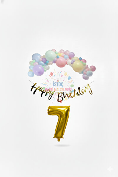 İSTOÇ PARTİ Happy Birthday Written Calligraphy Banner Macaron Balloon Set 7 Y...