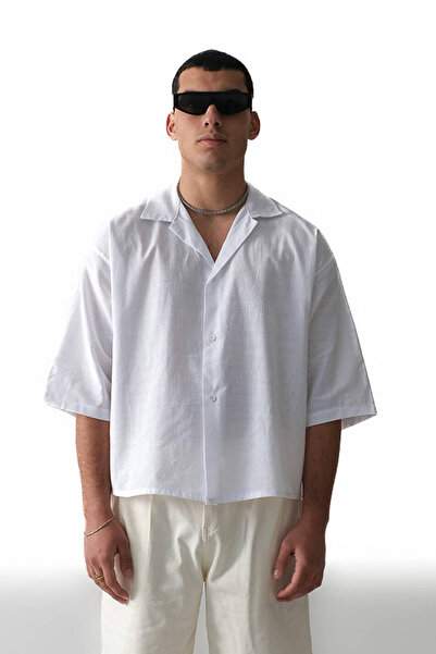 1887CLO Beyaz Boxy Fit Crop Yarım Kol %100 Pamuk İnce Gömlek